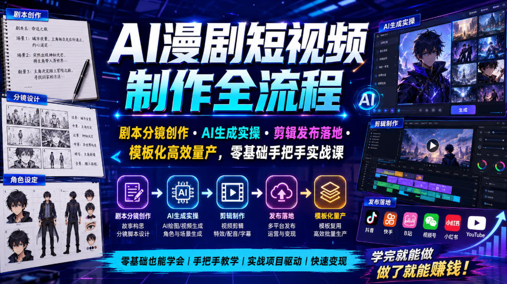 AI漫剧短视频制作全流程｜剧本分镜创作・AI生成实操・剪辑发布落地・模板化高效量产，零基础手把手实战课-洛柒笔记