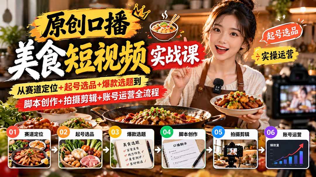 （20786期）原创口播美食短视频实战课：从赛道定位+起号选品+爆款选题到脚本创作+拍摄剪辑+账号运营全流程-洛柒笔记