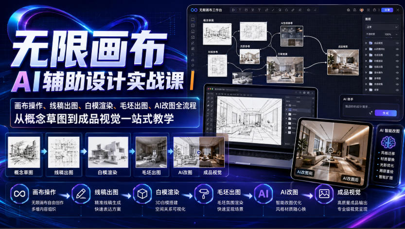无限画布AI辅助设计实战课｜画布操作、线稿出图、白模渲染、毛坯出图、AI改图全流程，从概念草图到成品视觉一站式教学-洛柒笔记