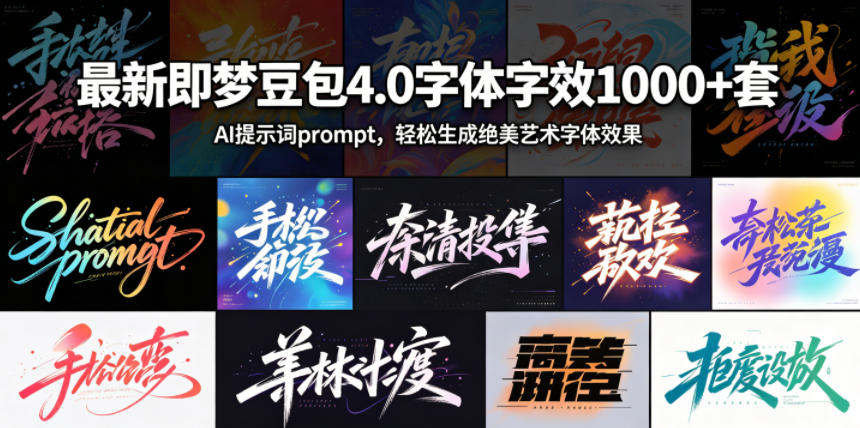 最新即梦豆包4.0字体字效1000+套，AI提示词prompt，轻松生成绝美艺术字体效果-洛柒笔记