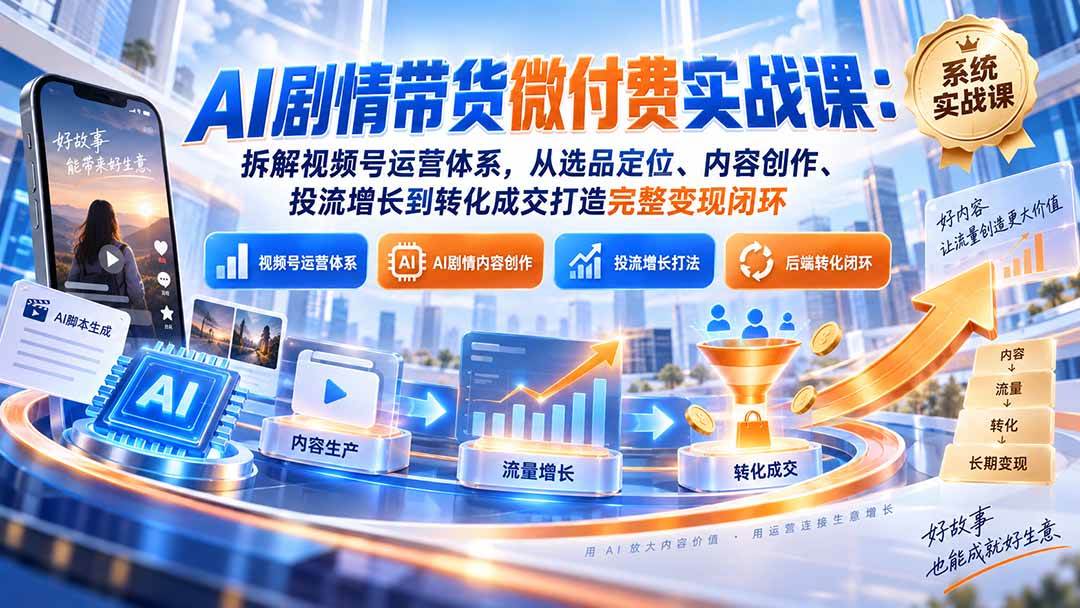 （20611期）AI剧情带货微付费实战课：拆解视频号运营体系，从选品定位、内容创作、投流增长到转化成交打造完整变现闭环-洛柒笔记