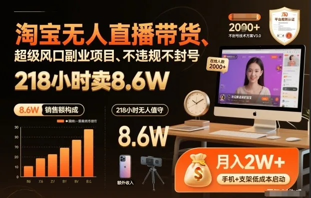 淘宝无人直播带货，218小时卖8.6W，不违规不封号，超级风口副业项目-洛柒笔记