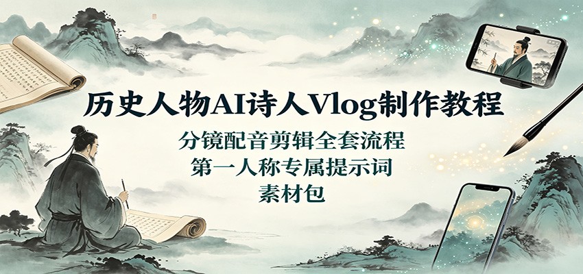 历史人物AI诗人Vlog制作教程：分镜配音剪辑全套流程，第一人称专属提示词素材包-洛柒笔记