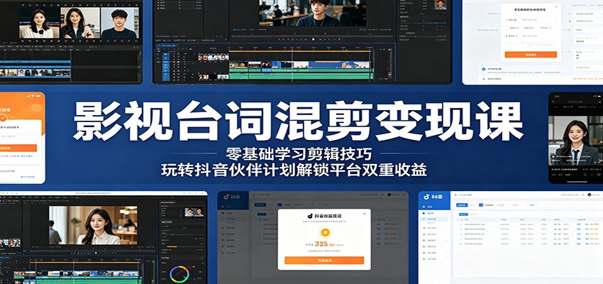 影视台词混剪变现课：零基础学习剪辑技巧，玩转抖音伙伴计划解锁平台双重收益-洛柒笔记