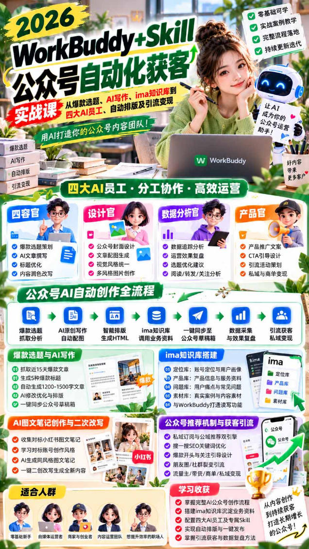 2026WorkBuddy+Skill公众号自动化获客实战课，从爆款选题、AI写作、ima知识库到四大AI员工、自动排版及引流变现，用AI打造你的公众号内容团队-洛柒笔记