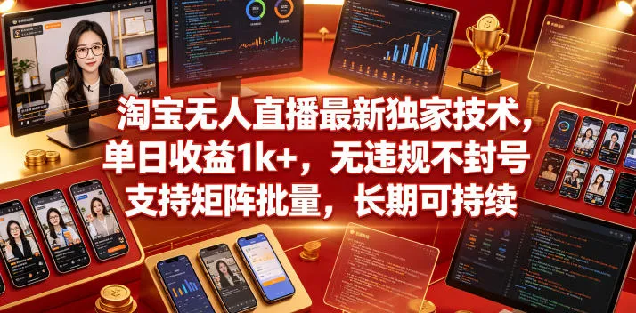 淘宝无人直播最新独家技术，单日收益1k+，无违规不封号，支持矩阵批量，长期可持续-洛柒笔记