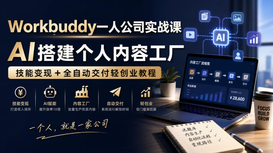 Workbuddy一人公司实战课，AI搭建个人内容工厂，技能变现+全自动交付轻创业教程-洛柒笔记