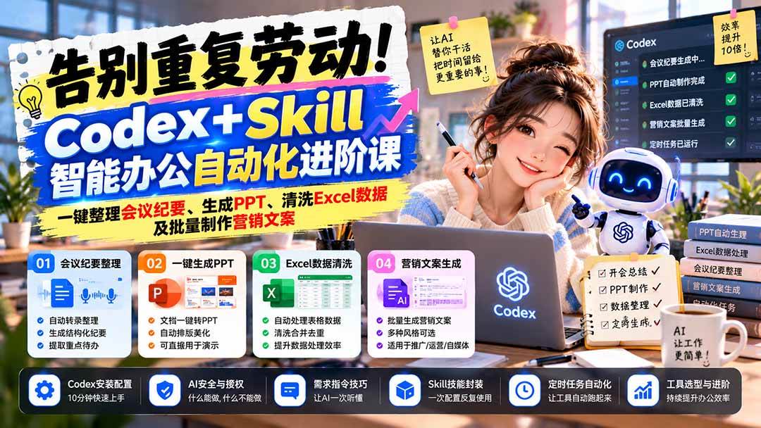 （21001期）告别重复劳动！Codex+Skill智能办公自动化进阶课：一键整理会议纪要、生成PPT、清洗Excel数据及批量制作营销文案-洛柒笔记
