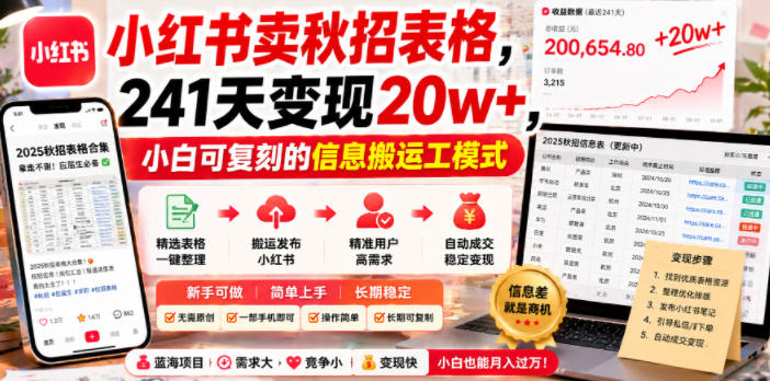 小红书卖秋招表格，241天变现20w+，小白可复刻的信息搬运工模式-洛柒笔记