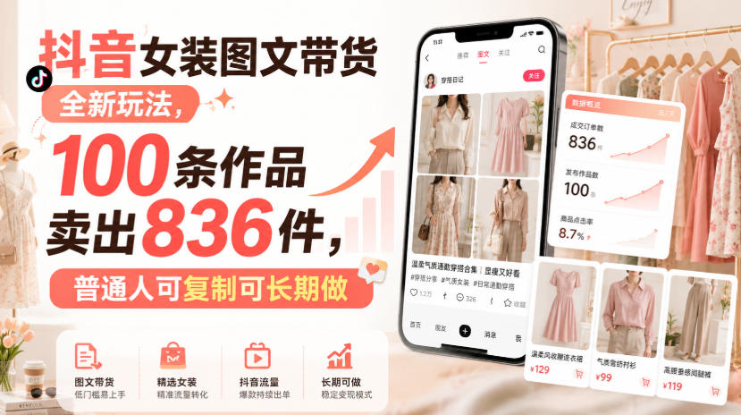 抖音女装图文带货全新玩法，100条作品卖出836件，普通人可复制可长期做-洛柒笔记