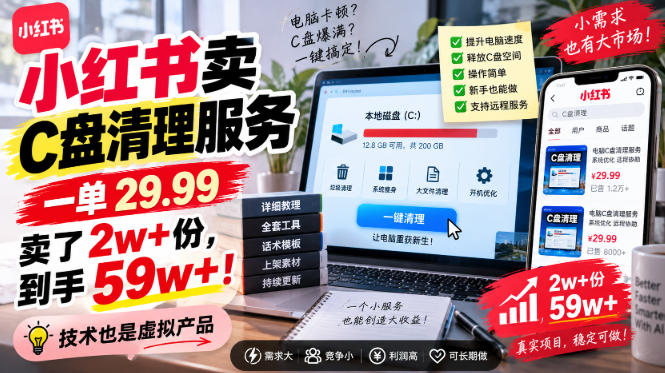 小红书卖C盘清理服务，一单29.99，卖了2w+份，技术也是虚拟产品-洛柒笔记