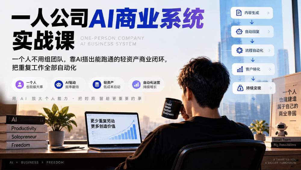 一人公司AI商业系统实战课，一个人不用组团队，靠AI搭出能跑通的轻资产商业闭环，把重复工作全部自动化-洛柒笔记