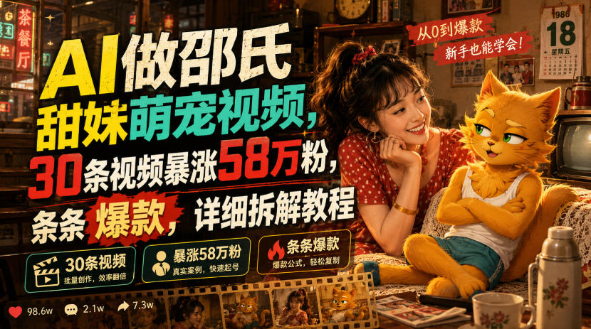 AI做邵氏甜妹萌宠视频，30条视频暴涨58万粉，条条爆款，详细拆解教程-洛柒笔记