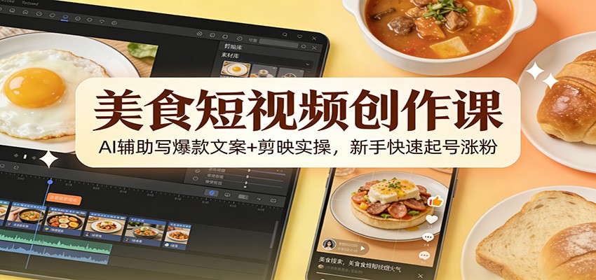 美食短视频创作课：AI辅助写爆款文案+剪映实操，新手快速起号涨粉-洛柒笔记