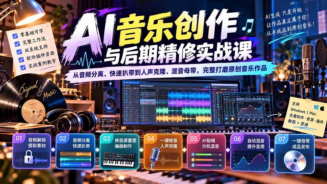 （20652期）AI音乐创作与后期精修实战课：从音频分离、快速扒带到人声克隆、混音母带，完整打磨原创音乐作品-洛柒笔记