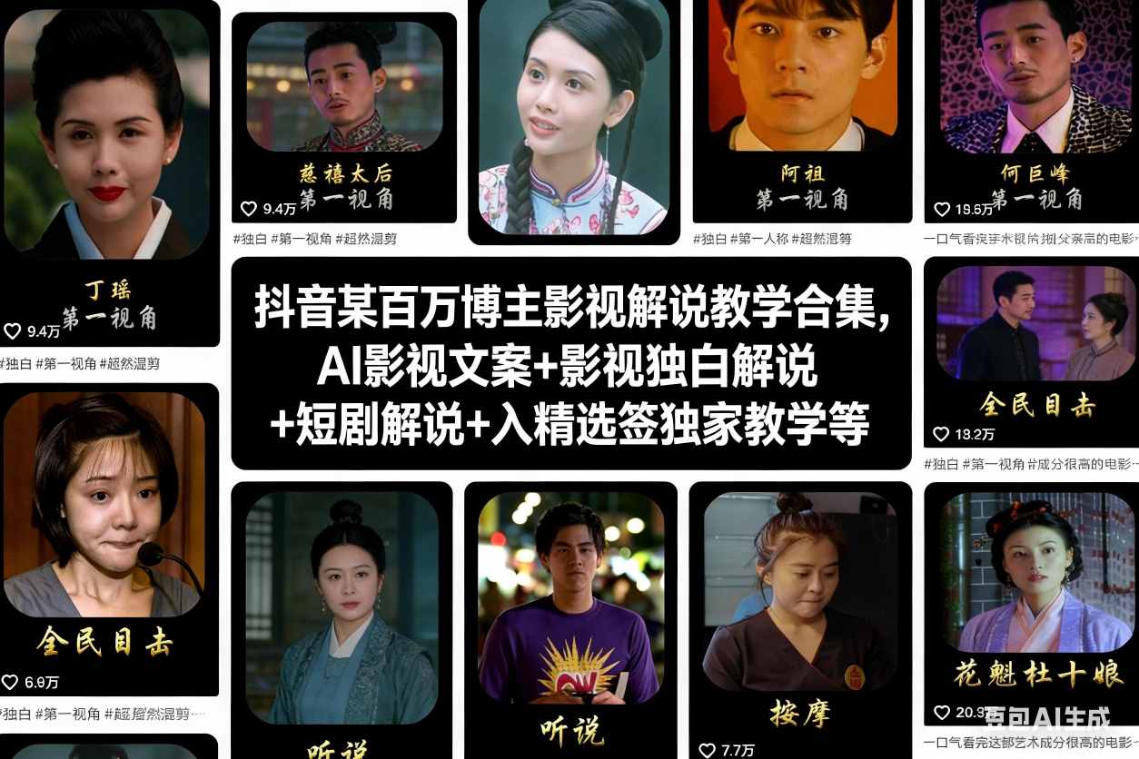 抖音某百万博主影视解说教学合集，AI影视文案+影视独白解说+短剧解说+入精选签独家教学等-洛柒笔记