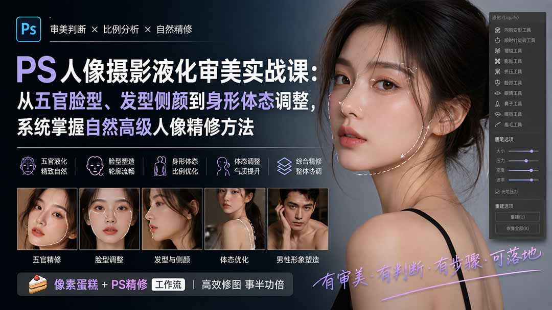PS人像摄影液化审美实战课：从五官脸型、发型侧颜到身形体态调整，系统掌握自然高级人像精修方法-洛柒笔记