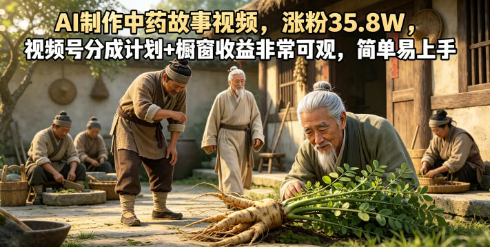 AI制作中药故事视频，涨粉35.8W，视频号分成计划+橱窗收益非常可观，简单易上手-洛柒笔记