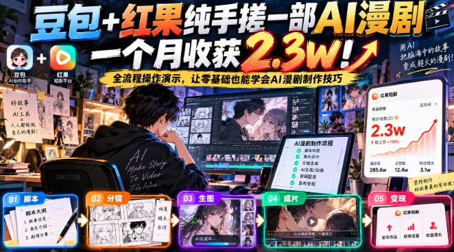 豆包+红果纯手搓一部AI漫剧一个月收获2.3w！全流程操作演示，让零基础也能学会AI漫剧制作技巧-洛柒笔记