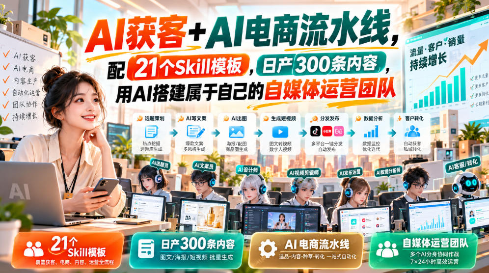 AI获客+AI电商流水线，配21个Skill模板，日产300条内容，用AI搭建属于自己的自媒体运营团队-洛柒笔记