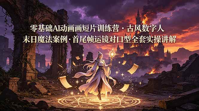 （19078期）零基础AI动画短片训练营，古风数字人末日魔法案例，首尾帧运镜对口型全套实操讲解-洛柒笔记