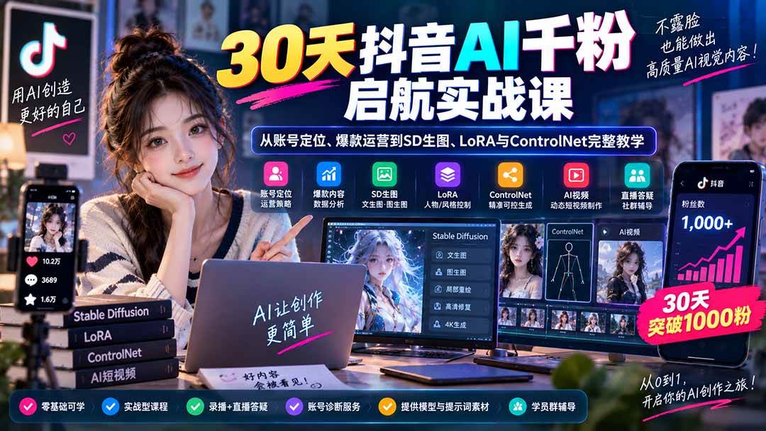 （20291期）30天抖音AI千粉启航实战课：从账号定位、爆款运营到SD生图、LoRA与ControlNet完整教学-洛柒笔记