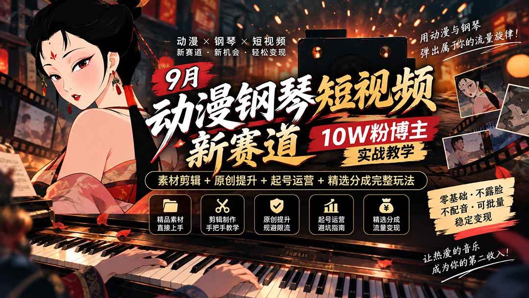（20506期）9月动漫钢琴短视频新赛道｜10W粉博主实战教学，素材剪辑+原创提升+起号运营+精选分成完整玩法-洛柒笔记