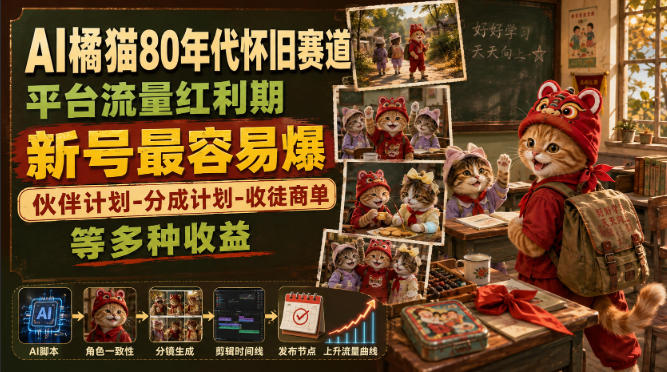 AI橘猫80年代怀旧赛道，平台流量红利期，新号最容易爆，伙伴计划-分成计划-收徒商单等多种收益-洛柒笔记