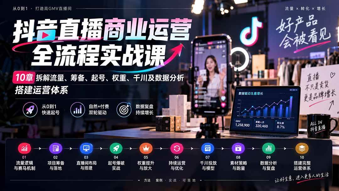 （20407期）抖音直播商业运营全流程实战课：10章拆解流量、筹备、起号、权重、千川及数据分析，搭建运营体系-洛柒笔记