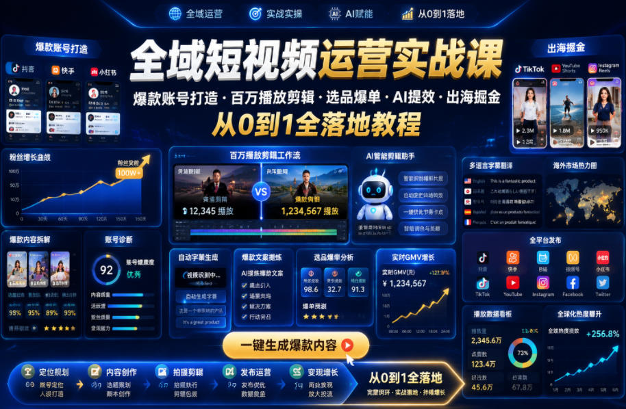 全域短视频运营实战课，爆款账号打造・百万播放剪辑・选品爆单・AI提效・出海掘金，从0到1全落地教程-洛柒笔记