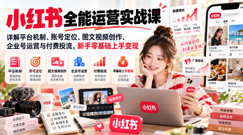 小红书全能运营实战课，详解平台机制、账号定位、图文视频创作、企业号运营与付费投流，新手零基础上手变现-洛柒笔记