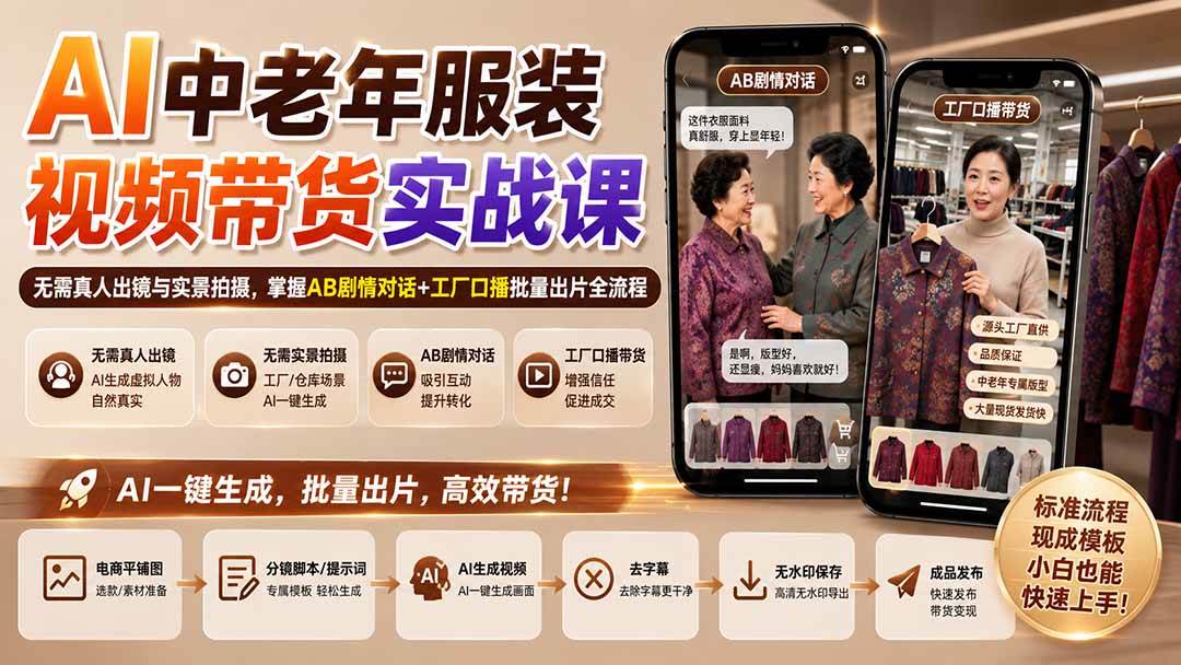 （20198期）AI中老年服装视频带货实战课：无需真人出镜与实景拍摄，掌握AB剧情对话+工厂口播批量出片全流程-洛柒笔记