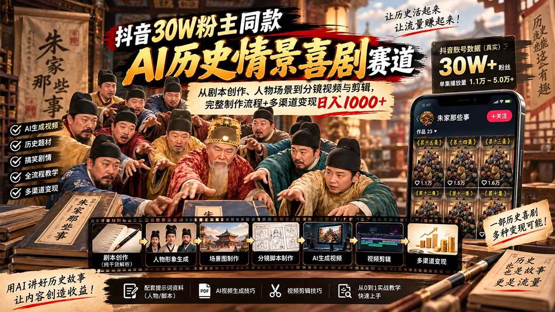 （20613期）抖音30W粉博主同款AI历史情景喜剧赛道：从剧本创作、人物场景到分镜视频与剪辑，完整制作流程+多渠道变现日入1000+-洛柒笔记