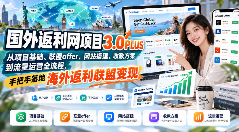 国外返利网项目3.0PLUS，从项目基础、联盟offer、网站搭建、收款方案到流量运营全流程，手把手落地海外返利联盟变现-洛柒笔记