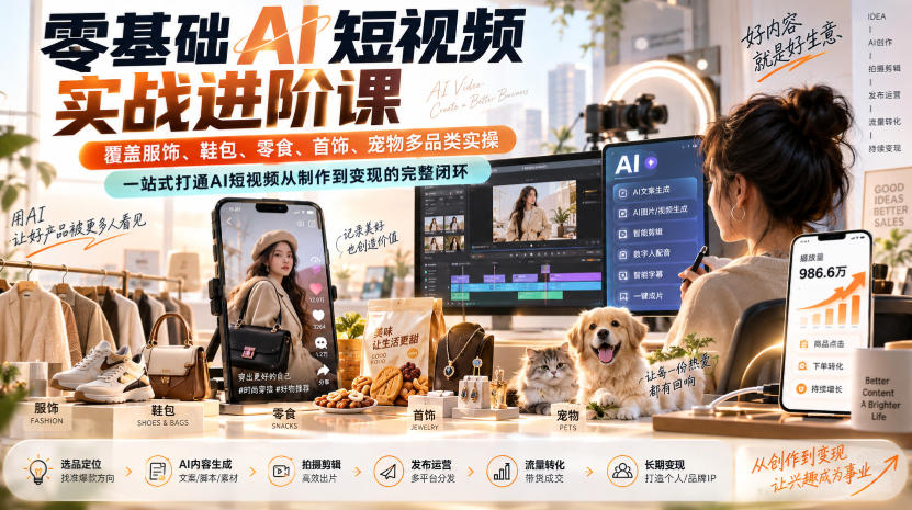 零基础AI短视频实战进阶课，覆盖服饰、鞋包、零食、首饰、宠物多品类实操，一站式打通AI短视频从制作到变现的完整闭环-洛柒笔记
