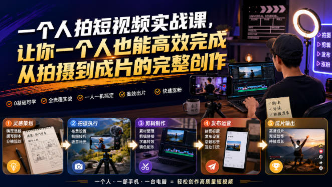 一个人拍短视频实战课，让你一个人也能高效完成从拍摄到成片的完整创作-洛柒笔记