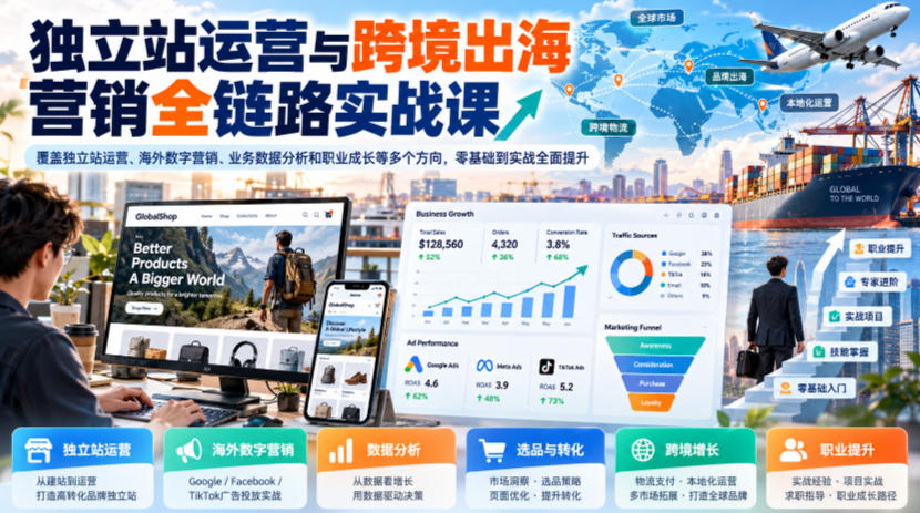 独立站运营与跨境出海营销全链路实战课，覆盖独立站运营、海外数字营销、业务数据分析和职业成长等多个方向，零基础到实战全面提升-洛柒笔记