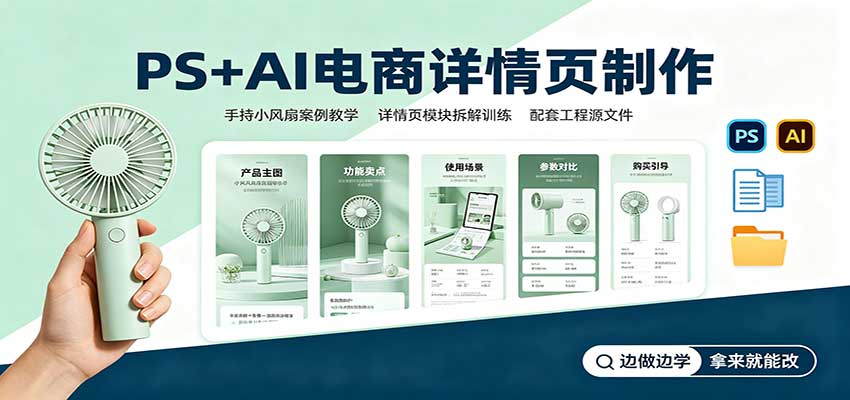 PS+AI电商详情页制作：手持小风扇案例教学，配套工程源文件-洛柒笔记