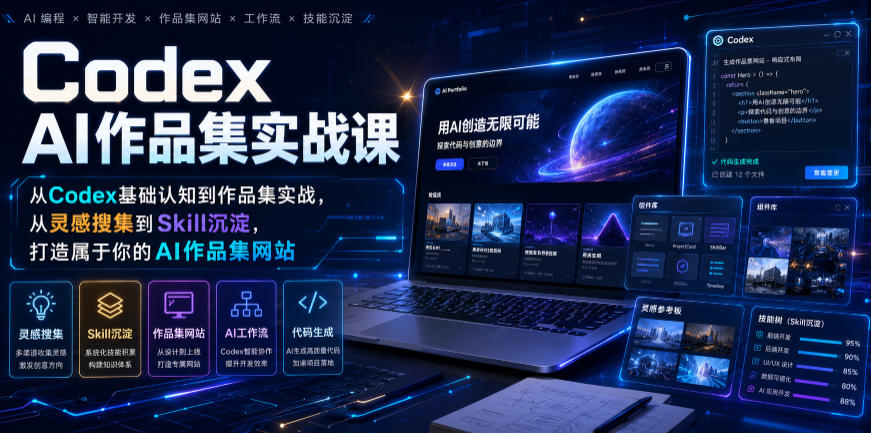 Codex AI作品集实战课，从Codex基础认知到作品集实战，从灵感搜集到Skill沉淀，打造属于你的AI作品集网站-洛柒笔记
