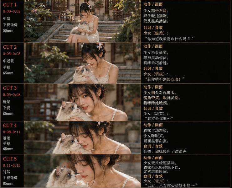 美女和猫故事提示词，人物一致性提示词+故事板-洛柒笔记