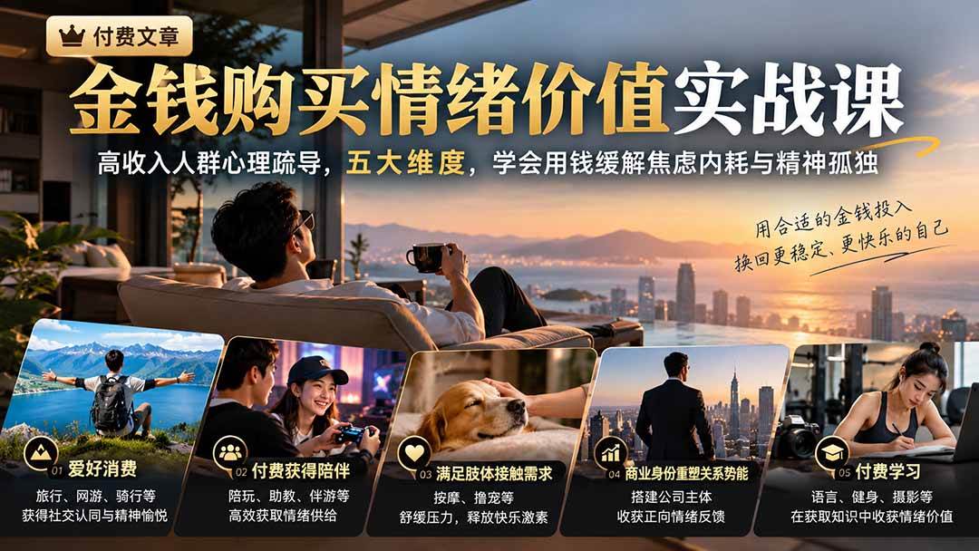 （20941期）付费文章：金钱购买情绪价值实战课｜高收入人群心理疏导，五大维度，学会用钱缓解焦虑内耗与精神孤独-洛柒笔记