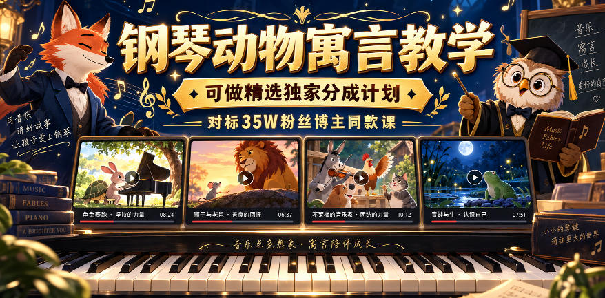 钢琴动物寓言教学，可做精选独家分成计划，对标35W粉丝博主同款课-洛柒笔记
