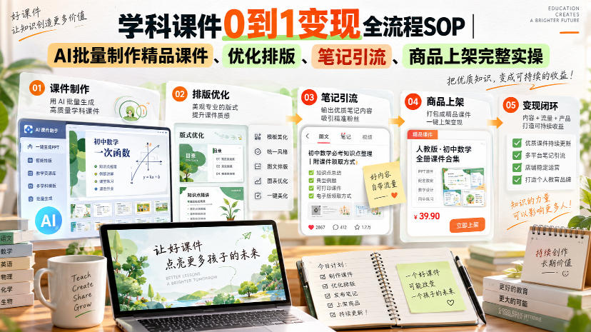 学科课件0到1变现全流程SOP｜AI批量制作精品课件、优化排版、笔记引流、商品上架完整实操-洛柒笔记