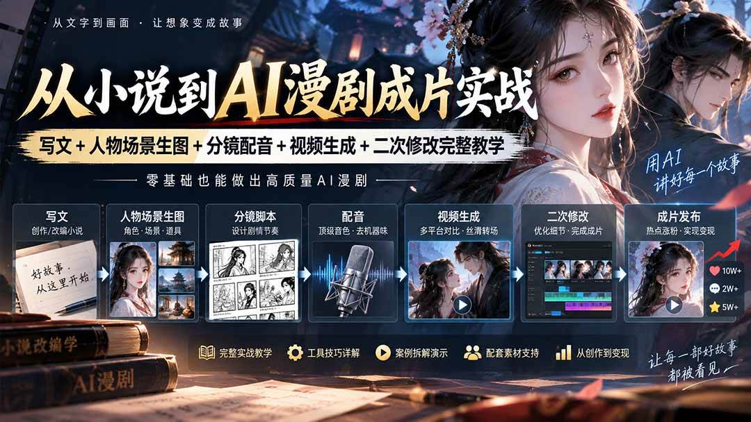 （20577期）从小说到AI漫剧成片实战：写文+人物场景生图+分镜配音+视频生成+二次修改完整教学-洛柒笔记