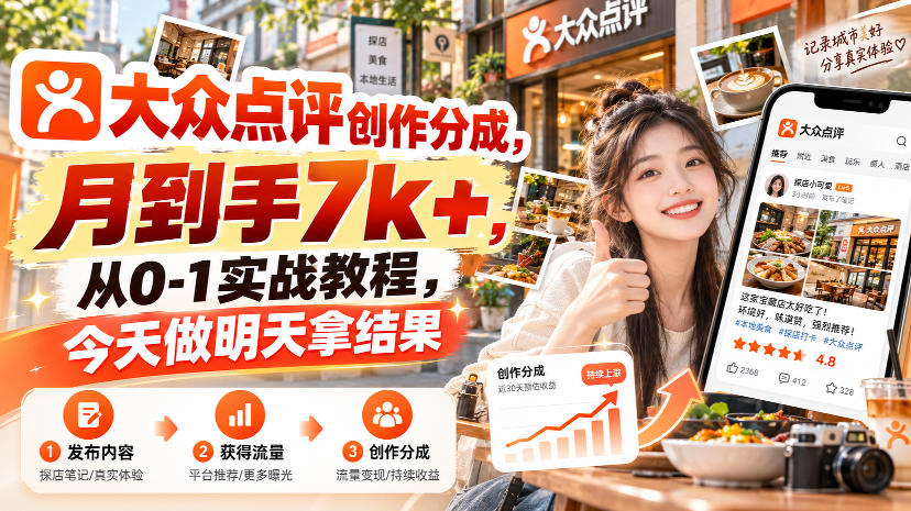大众点评创作分成，月到手7k+，从0-1实战教程，今天做明天拿结果-洛柒笔记