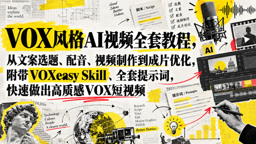 VOX风格AI视频全套教程，从文案选题、配音、视频制作到成片优化，附带VOXeasy Skill、全套提示词，快速做出高质感VOX短视频-洛柒笔记