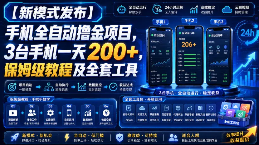 【新模式发布】手机全自动撸金项目，3台手机一天200+，保姆级教程及全套工具-洛柒笔记