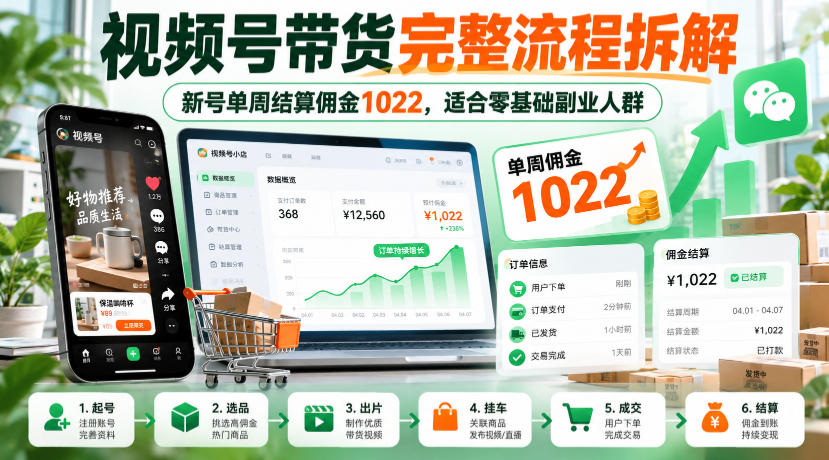 视频号带货完整流程拆解，新号单周结算佣金1022，适合零基础副业人群-洛柒笔记