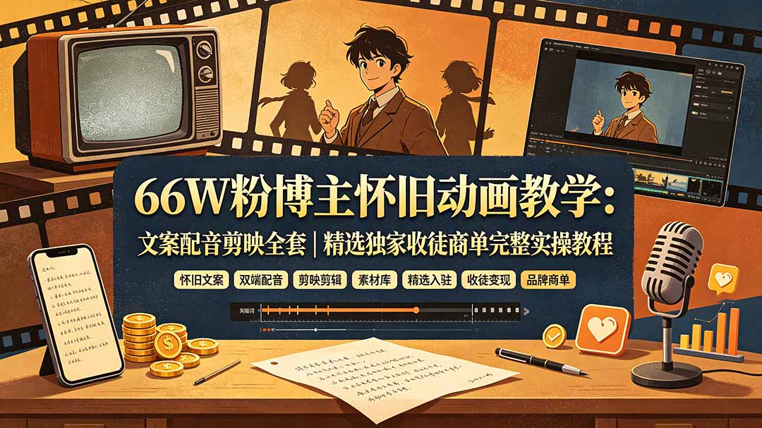 66W粉博主怀旧动画教学:文案配音剪映全套|精选独家收徒商单完整实操教程 66W粉博主怀旧动画教学:文案配音剪映全套|精选独家收徒商单完整实操教程
