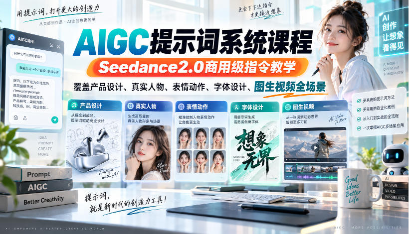 AIGC提示词系统课程，Seedance2.0商用级指令教学，覆盖产品设计、真实人物、表情动作、字体设计、图生视频全场景-洛柒笔记